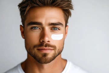 Fototapeta premium Young man applying sunscreen on his face while looking directly at the camera indoors in a bright setting
