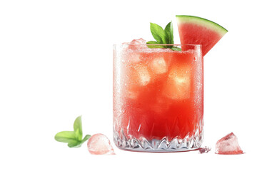 A Refreshing Watermelon Cocktail, Perfect For A Summer Day, Garnished With A Juicy Watermelon Wedge And Fresh Mint, Served In A Crystal Glass With Ice Cubes Isolated on Transparent Background