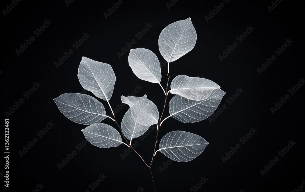 Poster close-up of a sprig with several delicate, translucent leaves on a dark background. the leaves appea