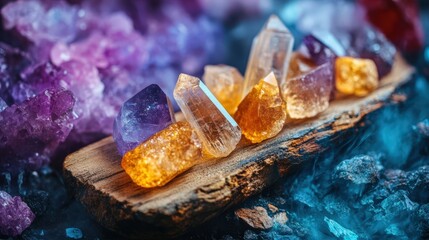 Vibrant Amethyst Citrine Quartz Crystals on Wooden Board Mystical Gemstones Spiritual Healing Energy