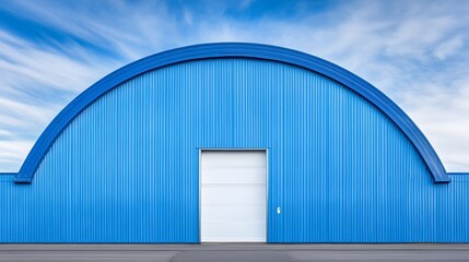 Fototapeta premium Blue Curved Metal Building Exterior with White Door