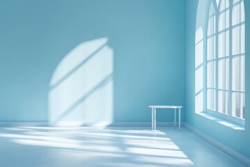 Obraz premium Minimalist Blue Room with Arched Window, Table, and Sunlight Casting Shadows 3D Render