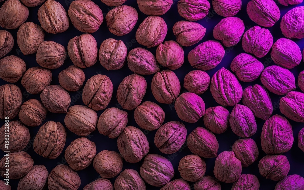 Poster close-up view of numerous walnuts arranged in a gradient pattern, transitioning from brown to purpli