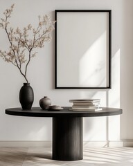 Minimalist interior with round table, vase, books, and frame.