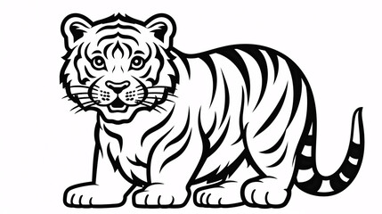 Obraz premium A black and white minimalist kids' coloring page featuring a simple tiger drawing, perfect for creative fun