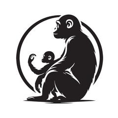 Black Color Chimpanzee Silhouette Vector Illustration, Solid White Background