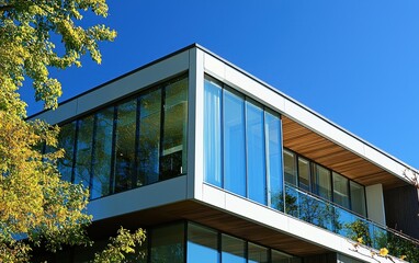 High-end modern villa with rooftop garden large glass panels and sleek metal accents under a bright blue sky