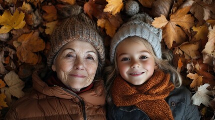 Happy Granddaughter and Grandmother Lying in Autumn Leaves Smiling women enjoying fall season together