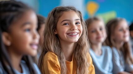 Fototapeta premium Happy Diverse Group of School Children Smiling Brightly in Classroom A joyful scene of elementary school kids