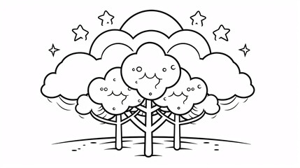 A black and white minimalist kids' coloring page featuring simple tree drawings, perfect for fun and creativity.