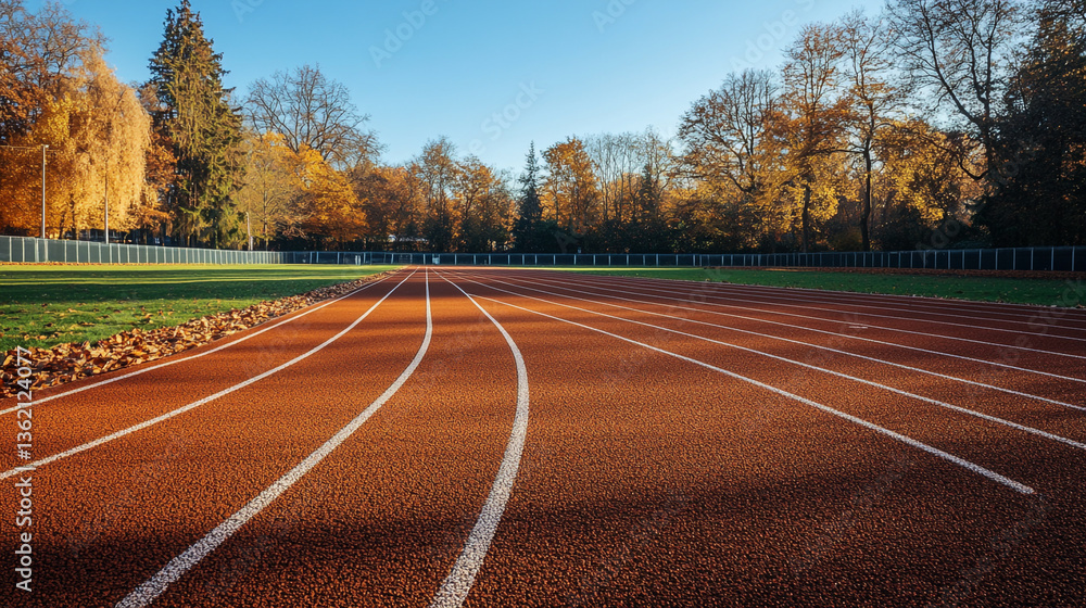 Poster a low angle shot of a running track with white lines and trees in the background on a sunny day
