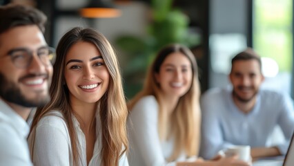 Happy young woman smiling with friends in a cafe enjoying a coffee break Teamwork and friendship concept