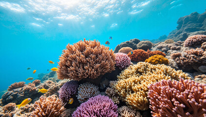 Vibrant coral reef thriving underwater, healthy ocean ecosystem