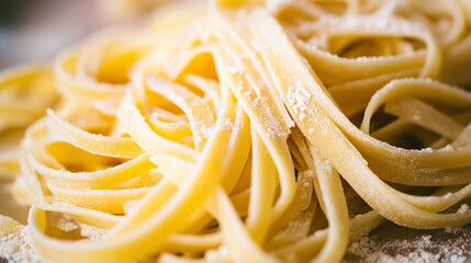 A close up view of fresh fettuccine pasta with a light dusting of flour on a blurred background