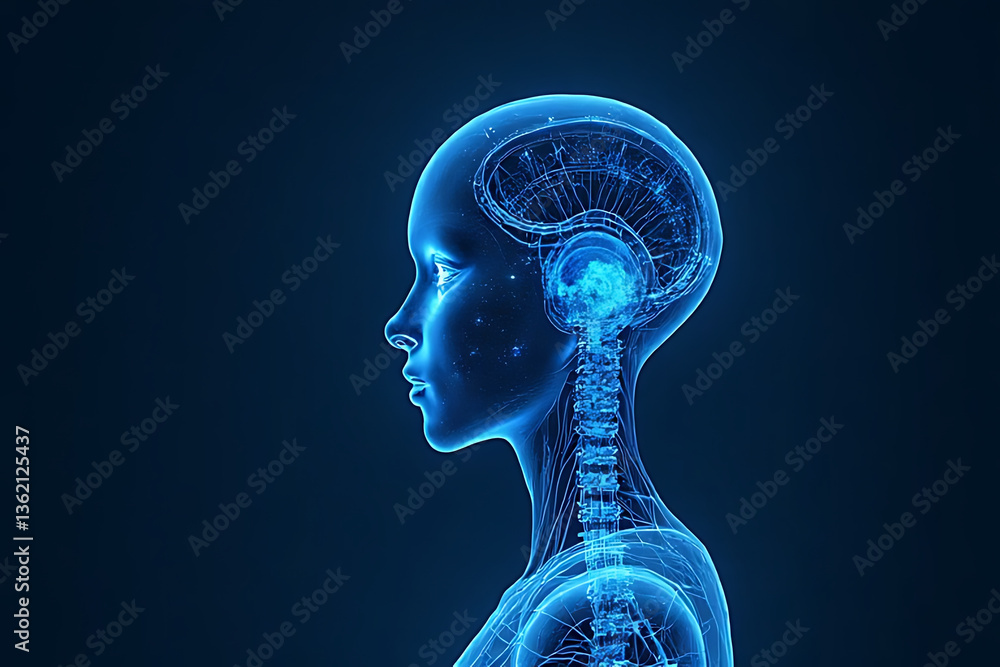 Poster exploring human brain functions digital realm 3d visualization futuristic environment profile view