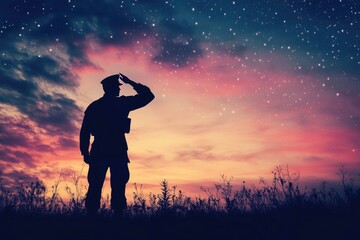 Silhouetted soldier scene, a veteran saluting at sunset, overlaid with subtle stars and an artistic typography design.