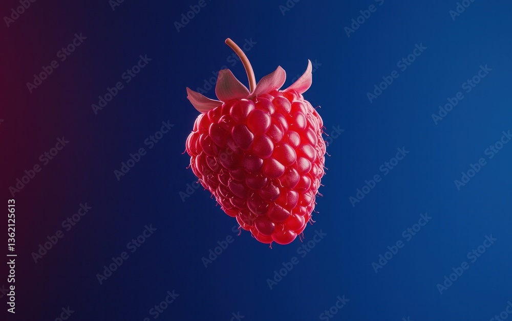 Poster single ripe raspberry levitating against a deep blue background with subtle magenta highlights. the 
