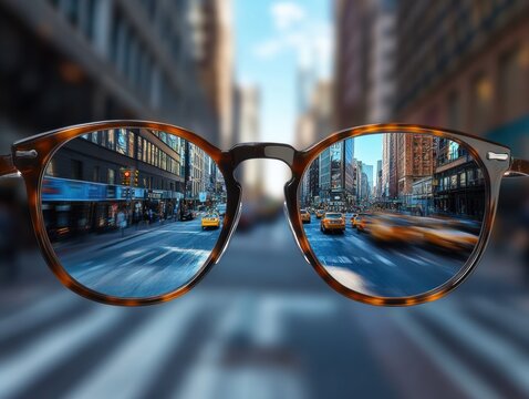 Stylish glasses frame a bustling city street with dynamic motion blur, capturing the energy of urban life at midday
