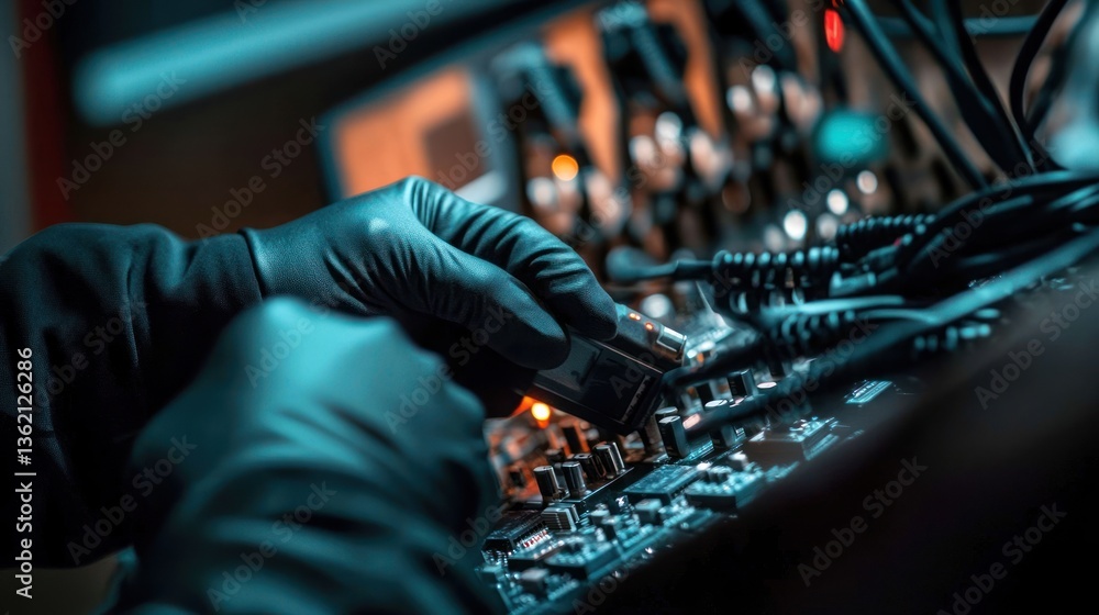 Poster close-up of gloved hands working with complex electronics and circuitry