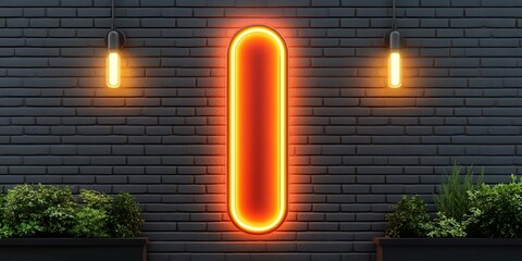 A glowing neon sign affixed to a brick facade wall