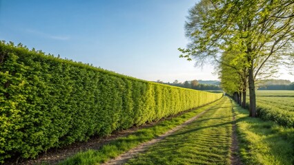 Obraz premium Tall green hedge and country dirt path in rural landscape