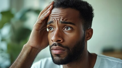 Obraz premium Worried young African American man touching his forehead thoughtful expression indoor portrait