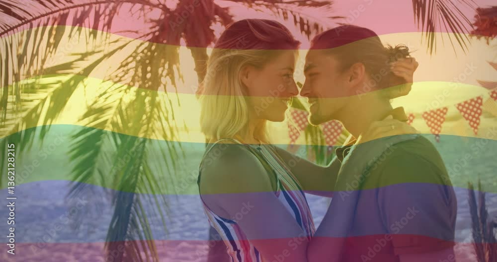 Poster embracing under rainbow flag, couple with palm trees creating animation effect