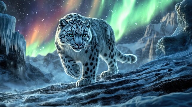 A majestic snow leopard walks across a snowy mountain landscape - Powered by Adobe