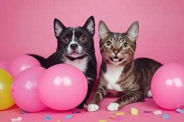 Two cute pets celebrate with pink balloons and colorful confetti during a fun indoor party setting
