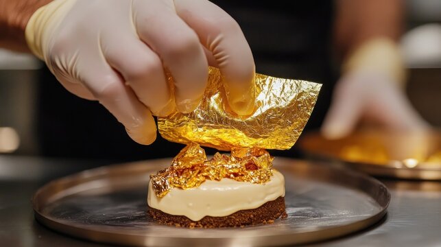 Gourmet chef delicately adding edible gold leaf to an extravagant dessert creation