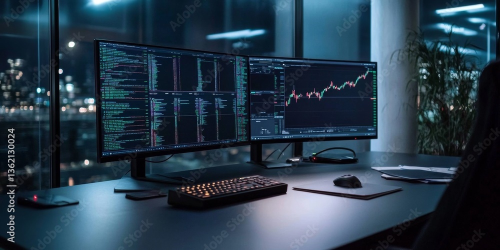 Poster modern office with dual monitors displaying financial data