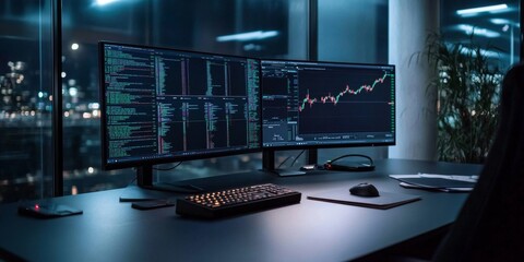 Modern office with dual monitors displaying financial data