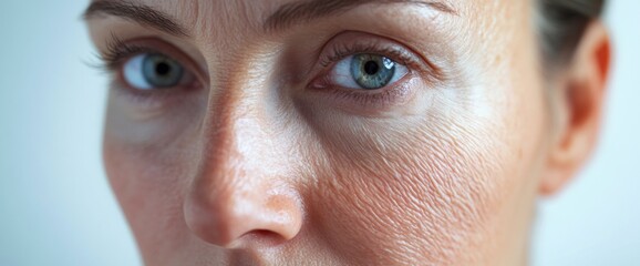 Fototapeta premium A 40-year-old American woman displays noticeable signs of skin aging, with fine lines and wrinkles evident on her face. The close-up captures her expression and aging features beautifully
