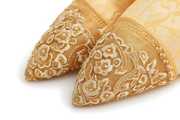 3D Elegant Golden Silk Khussa with Lace Detailing.