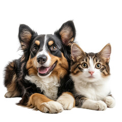 a dog and a cat are lying together happily looking towards the viewer. The dog and cat are best friends, it's heartwarming and adorable