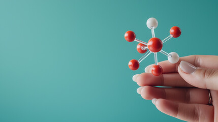 Hydrogen fuel future h holding small molecular model with red white spheres