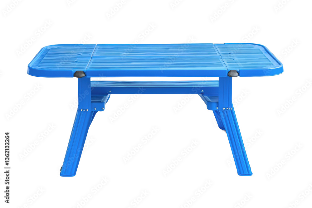 Aufkleber a blue plastic rectangular folding table is displayed against a solid gray background in a studio sh
