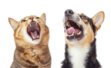 a cat and a dog are open their mouths showing the inside. They have different expressions and a variety of colors on them