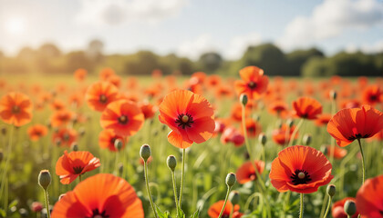 Vibrant poppy flowers blooming under sunlight for blogs, websites, nature-themed designs, greeting cards, educational materials, and floral illustrations