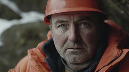 Fototapeta premium A weathered man wearing an orange hard hat