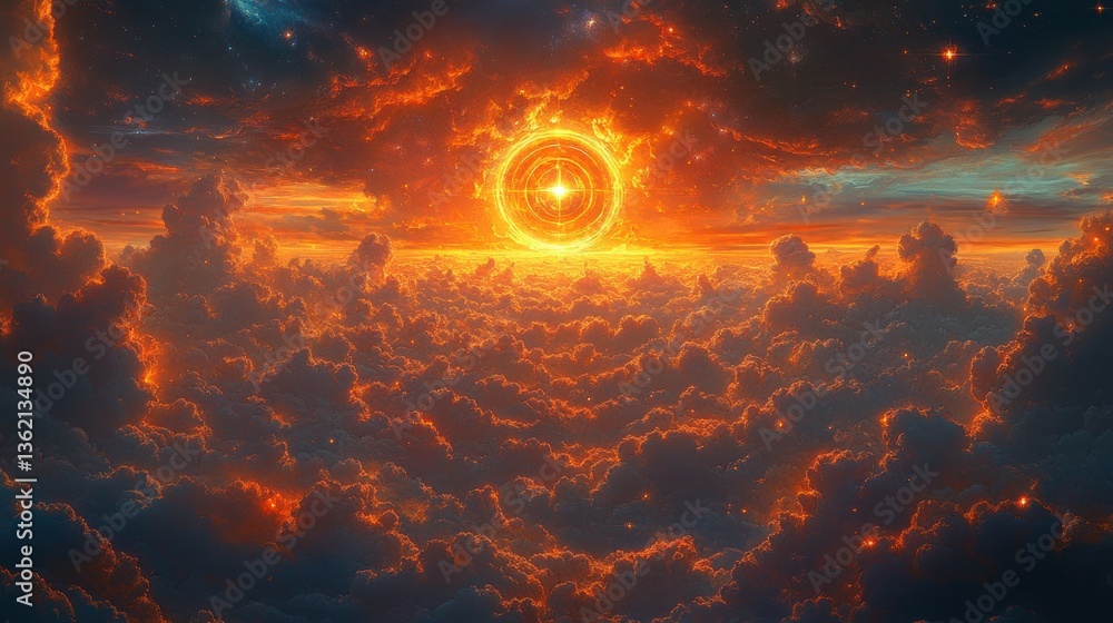 Poster a dramatic celestial scene with an illuminated circular object