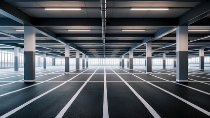 Brightly lit urban parking lot with clear lines