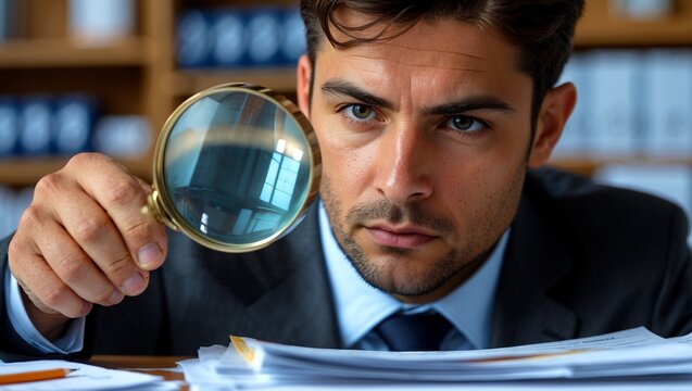 Business auditor examining paperwork for fraud detection