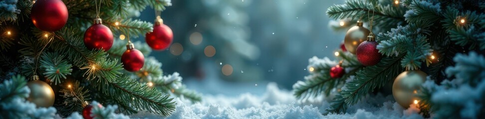 Fototapeta premium Christmas Tree Stand with Ornaments and Garlands amidst Frosty Evergreen Branches, snow-covered ground, holiday decoration