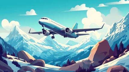 Scandinavian style kids landscape. Aircraft flying over mountain, childish banner with air transport and rocks. Nursery print, cartoon nowaday vector background