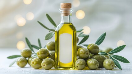 Olive oil in a glass bottle surrounded by fresh green olives and leaves with a soft, blurred background