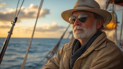 Obraz premium Senior Man Sailing at Sunset Ocean View Relaxed Outdoors