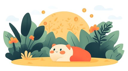 Naklejka premium Cute hamster relaxing in lush garden.