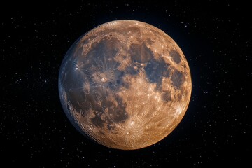 Detailed view of a full moon against a starry night sky showcasing its craters and texture