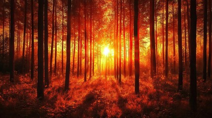 Obraz premium Bright sunset shining through tall trees in the forest, creating a warm and peaceful glow.